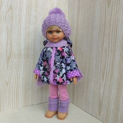 A colored jacket for a warm autumn complete with a hat, scarf and lilac gaiters.