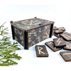 Black runes in witch box, Elder futhark runes set, Witchcraft & wicca divination tools