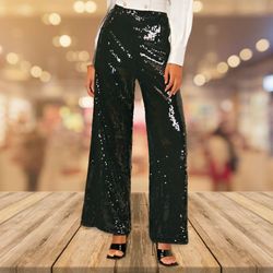 Sequins High Waist Zipper Fly Wide Leg Loose Pants Trousers Formal Party Cocktail Wedding