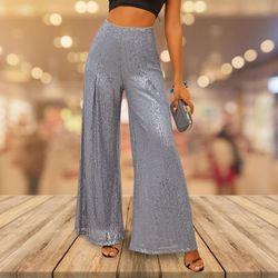 Sequins Silver High Waist Wide Leg Loose Pants Trousers Formal Party Cocktail Wedding