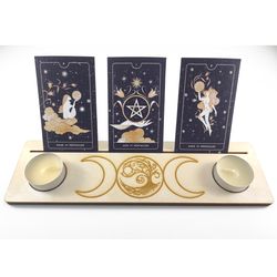 Triple moon oracle card stand, Wood tarot card holder, Triple moon altar