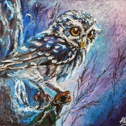 Owl painting Original pastel painting Bird art Oil pastel Animal art Woodland painting Wildlife art