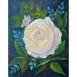 Rose Painting Butterfly Original Art Flower Wall Art Floral Artwork Canvas Oil Painting