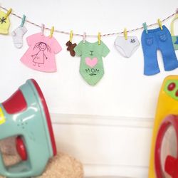 Nursery decor, Washing line with Clothespins, felt garland, Laundry line with with Baby clothes, decoration of the girl
