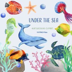 Sea Animals Watercolor clipart Dolphin PNG Ocean turtle Fish Seahorse