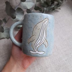 Clay whale mug/ Blue orca mug/ Handmade ceramic whale mug/ Pottery mug/ 10 fl oz