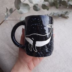 Black ceramic mug/ Cosmic whale mug/ Galaxy whale mug/ Pottery mug/ 10 fl oz