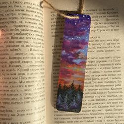 Hand Painted Bookmark, Gouache Painting On Wood, Night Sky Art, Sunset Handmade Wooden Bookmark