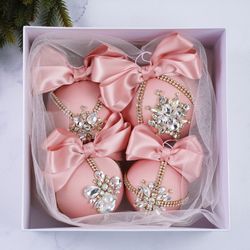 Christmas rhinestones ornaments, Handmade balls, Xmas decorations, Tree decor set, blush gold baubles