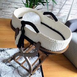 baby moses basket, handmade baby cradle, crochet nursery decor, newborn shower and new mother gift idea