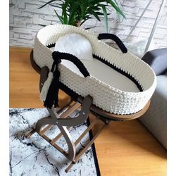 Baby Moses Basket, Handmade baby cradle, Crochet nursery decor, Newborn shower and new mother gift idea