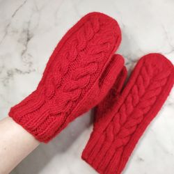 hand knit mittens - winter mittens - red mittens - merino mittens - aran mittens