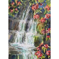 Waterfall Painting Original Artwork Sea Wall Art Floral Artwork Tropical Painting