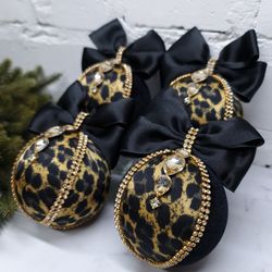 Leopard Christmas Ornaments, Rhinestone baubles, Christmas gift, Tree decoration, animal print ball