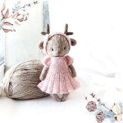 Deer Animal Doll in pink dress, Woodland Decorative Toy, Cute Gift for Teenage girls, Soft animal Doll for Nursery