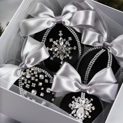 Christmas rhinestones ornaments, Handmade balls, Xmas decorations, Tree decor set, black baubles
