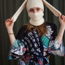 white balaclava with bunny ears knitted from wool / hand-knitted winter hat with ears