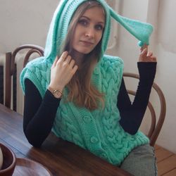 Chunky turquoise knitted vest with a hood and bunny ears/Jacket with hand-knitted ears