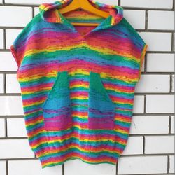 Chunky knit wool hooded vest/Rainbow colored vest with pockets and hand knitted hood