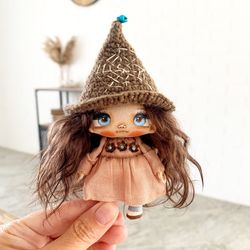 Cute mini rag doll Little Witch amasing I love you gift Collector cloth art miniature doll personalized gift