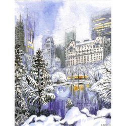 winter in new york. central park view. original watercolor painting 10x8''