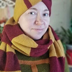 set of 2:  knit griffindor earwarmer and knit long knit griffindor scarf