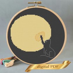 cross stitch pattern black cat and moon, design easy embroidery diy, abstract modern embroidery