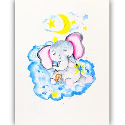 Elephant Painting Sleeping Baby Elephant on a Cloud Original Art Baby Illustration Small Painting by LarisaRay