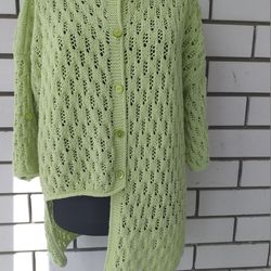 Chunky Green Knitted Cotton Cardigan/Cotton Asymmetric Jacket