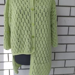 chunky green knitted cotton cardigan/cotton asymmetric jacket