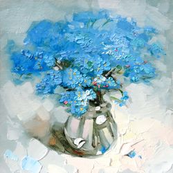 Forget Me Not Painting Flower Original Art Still Life Artwork Floral Wall Art Impasto Oil Painting Small 8 by 8 inches