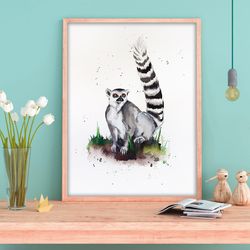 Watercolor original cat lemur painting 8x11 inch monkey original art by Anne Gorywine