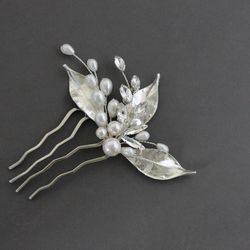 silver leaves hair piece wedding / bridal hair comb pearl and crystal / side wedding hair piece / floral headpiece