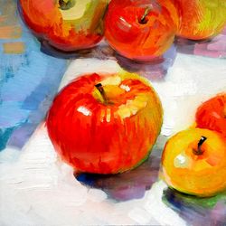 Apple Painting Still Life Original Art Fruit Artwork Food Wall Art Impasto Oil Painting Small 8 by 8 inches