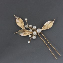 Boho wedding hair pin / Gold leaves bridal hair piece / Floral headpiece pearl / Silver or Gold /Small wedding hair vine