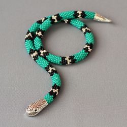 Green turquoise serpent necklace, Ouroboros, Bead snake choker necklace, Green snake beaded necklace, Snake lover gift