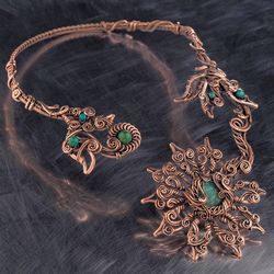 wire wrapped copper necklace with natural chrysocolla unique flower style green gemstone open choker handcrafted jewelry