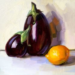 Eggplant Painting Still Life Original Art Vegetable Artwork Food Wall Art Impasto Oil Painting Small 8 by 8 inches