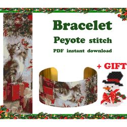 DIGITAL Pattern for beaded bracelet. Christmas Cat | Peyote Stitch Beadwork, beaded pattern Bracelet, cuff bracelet