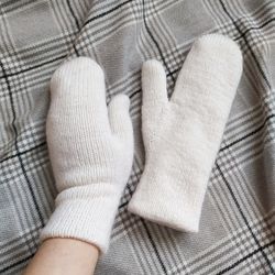 double women mittens soft white color women handknitted mittens warm alpaca wool mittens knit mittens gift for her