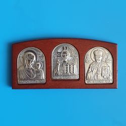 Orthodox icon-sticker Jesus Christ wooden base plated with silver 925 handmade 3.8x1.8" free shipping