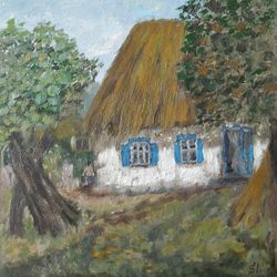 Village House Oil Painting Original Art Thatched Roof Wall Art Handmade Ancient House 12x12 inches