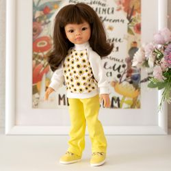 Yellow set doll clothes for Paola Reina doll, Siblies RRFF, Corolle, Little Darling 13 inch, sunflower print sweatshirt