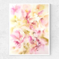 Soft pink yellow floral wall art Watercolor original painting Abstract flowers Pastel color Bedroom wall decor