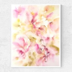 soft pink yellow floral wall art watercolor original painting abstract flowers pastel color bedroom wall decor