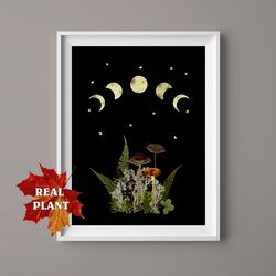 magic mushrooms art print, pressed flower art, moon phases digital download art, mushroom poster, psychedelic wall art