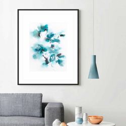 Blue wall art Minimalist floral painting Watercolor abstract flowers Original art turquoise Bedroom modern wall art