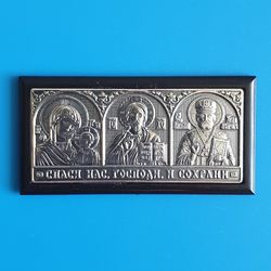 Orthodox icon-sticker triptych Jesus Christ, Theotokos, St. Nicholas silver plated handmade icon 2.6x1.2" free shipping