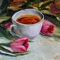a cup of tea and tulips still life modern art original oil painting wall art 8x8 inches