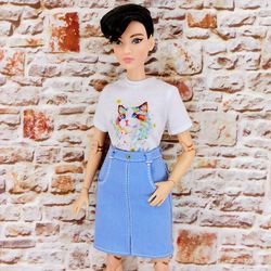 Blue denim skirt with t-shirt for Barbie Doll (Petit)